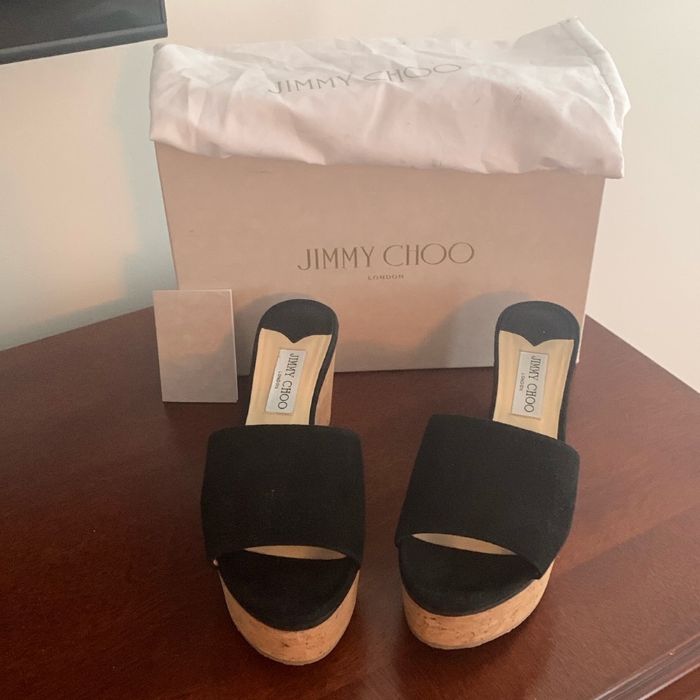 Authentic Womens Jimmy Choo wedge sandals in size 38 in black worn once